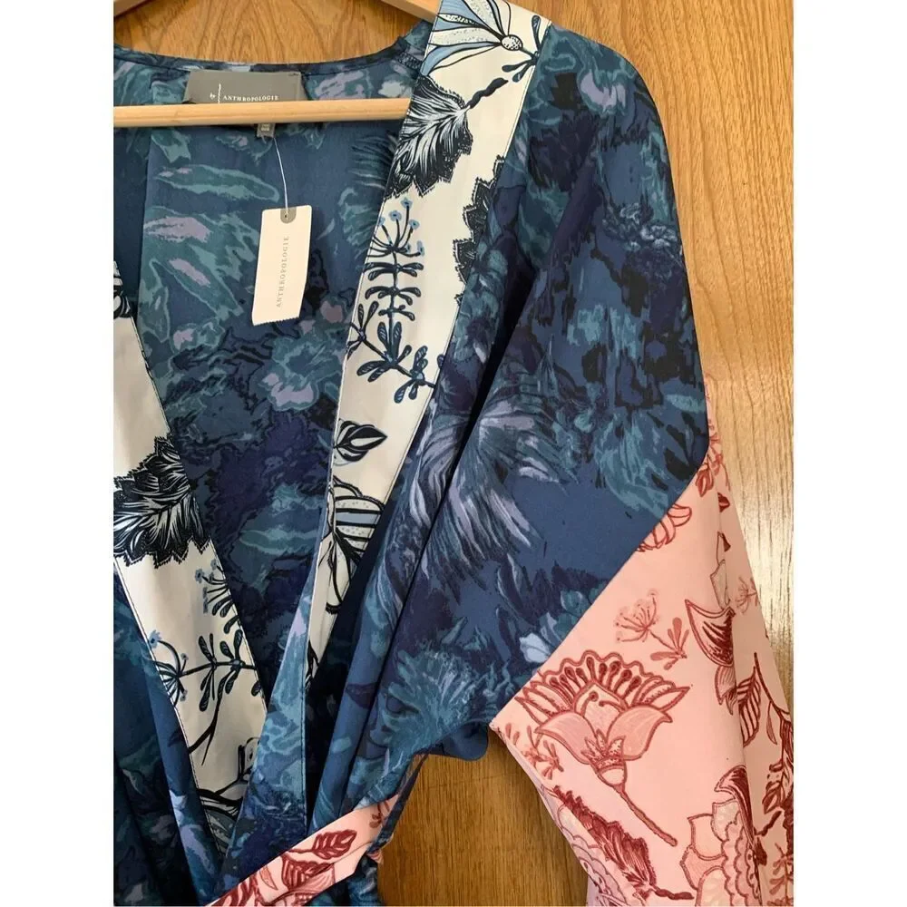 Anthropologie Tori Floral Cropped Belted Kimono Blue Multi One Size - Picture 7 of 13